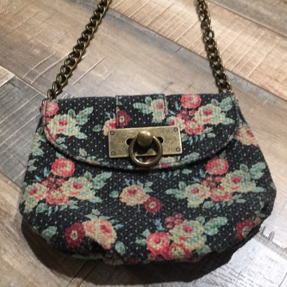 Black polka dot and floral bag with chain strap